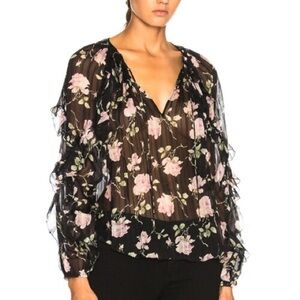 Ulla Johnson Azalea Fall Floral 100% Silk Olive Rose Ruffle Bohemian Blouse 0